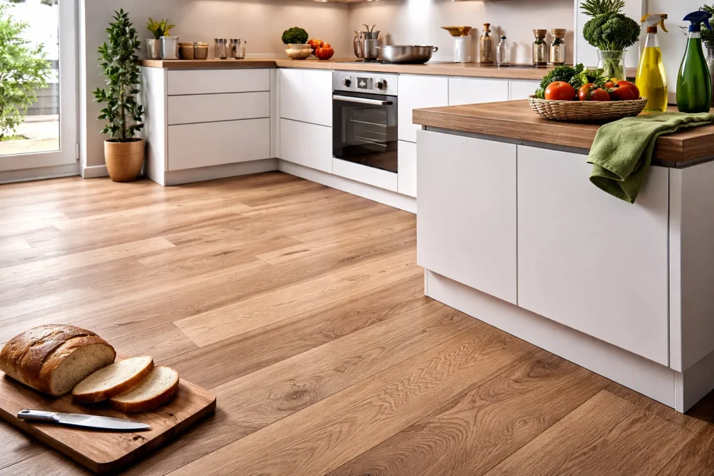 Modern kitchen with engineered wood flooring, showing natural grain, clean layout, and a practical surface for daily use.
