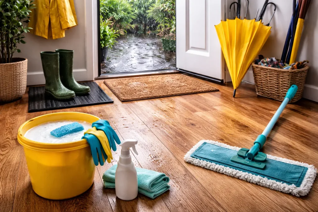 Wooden floor near entrance during rainy weather with wet footprints, doormat, umbrella, and cleaning tools.