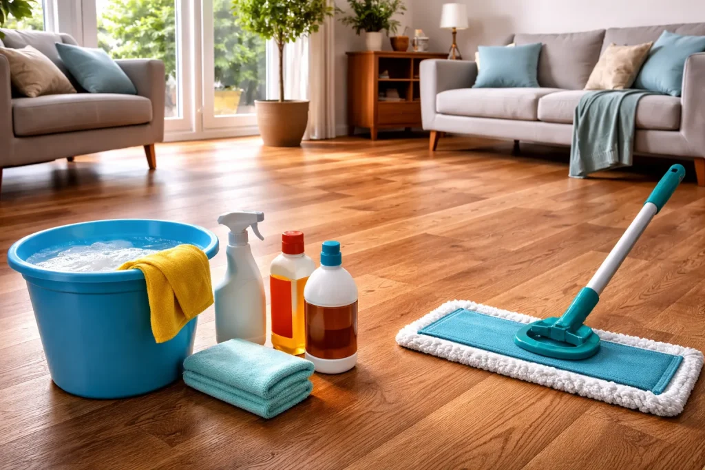 Solid wood flooring in a living room with cleaning tools, mop, and maintenance products for regular care.