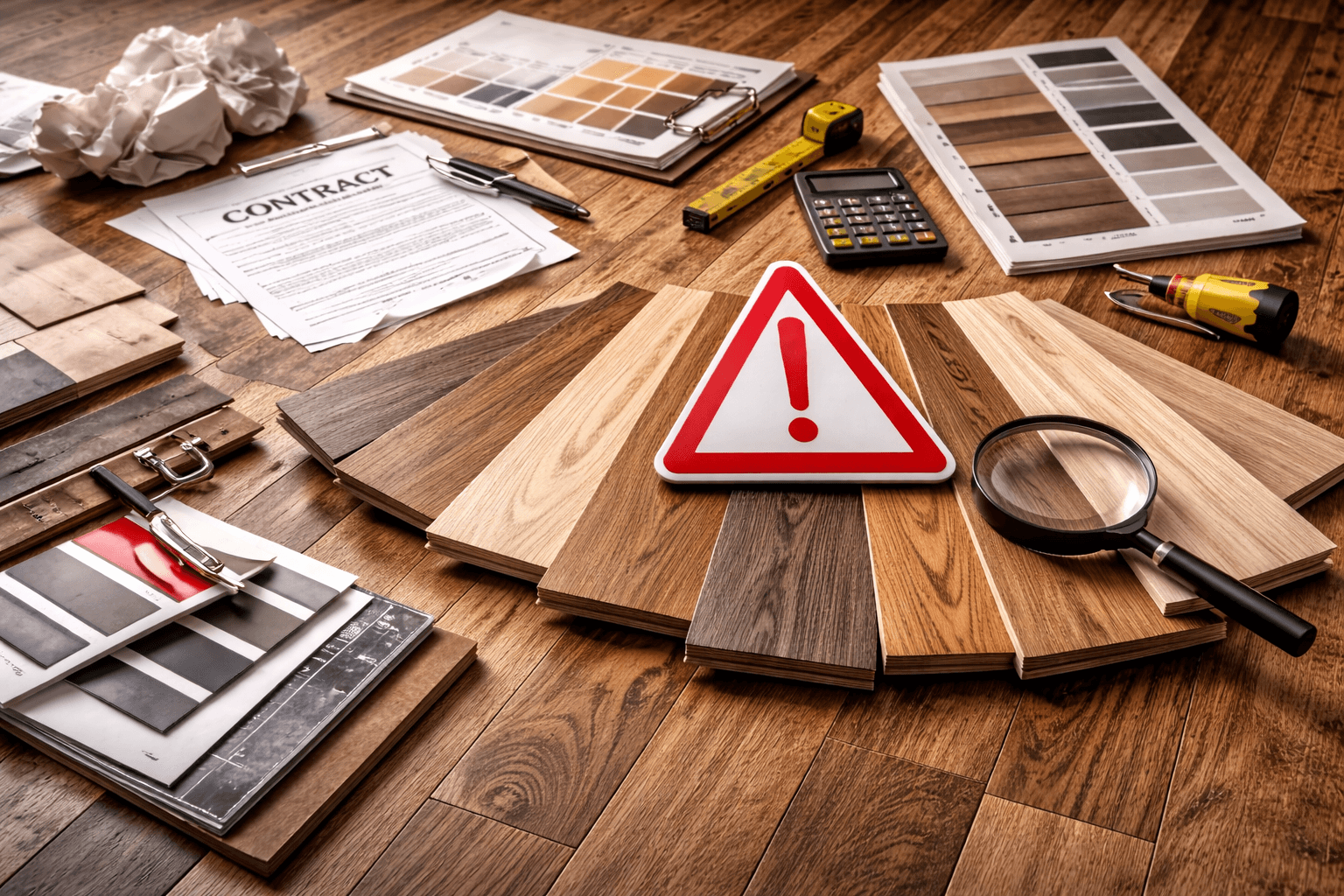 Wood flooring samples with tools and materials used when choosing hardwood flooring