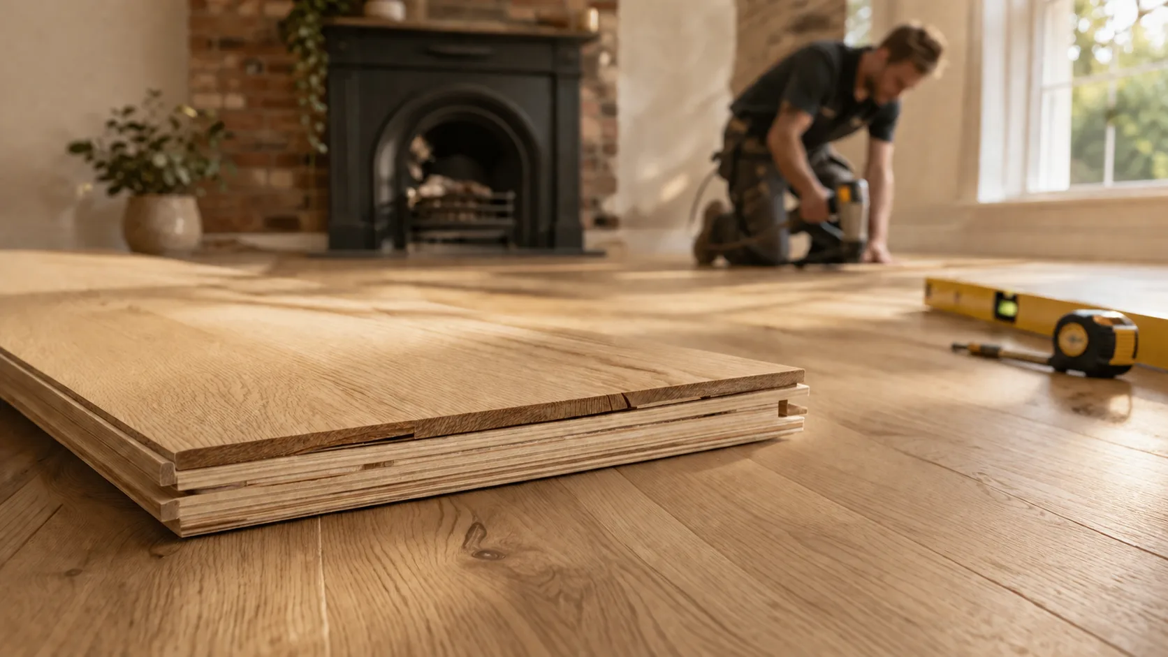 Engineered wood flooring UK installation with light oak layered flooring in a premium home renovation.